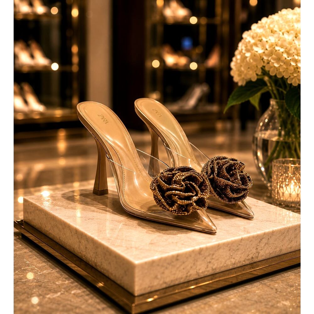 Zara Shiny Embellished Flower Vinyl Mules Beige 39 (8)